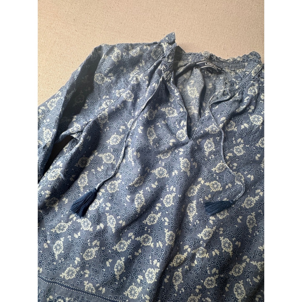 Lands End Womens Blue Floral 100% Linen Peasant Blouse Tassel Tie Top Small 6-8
